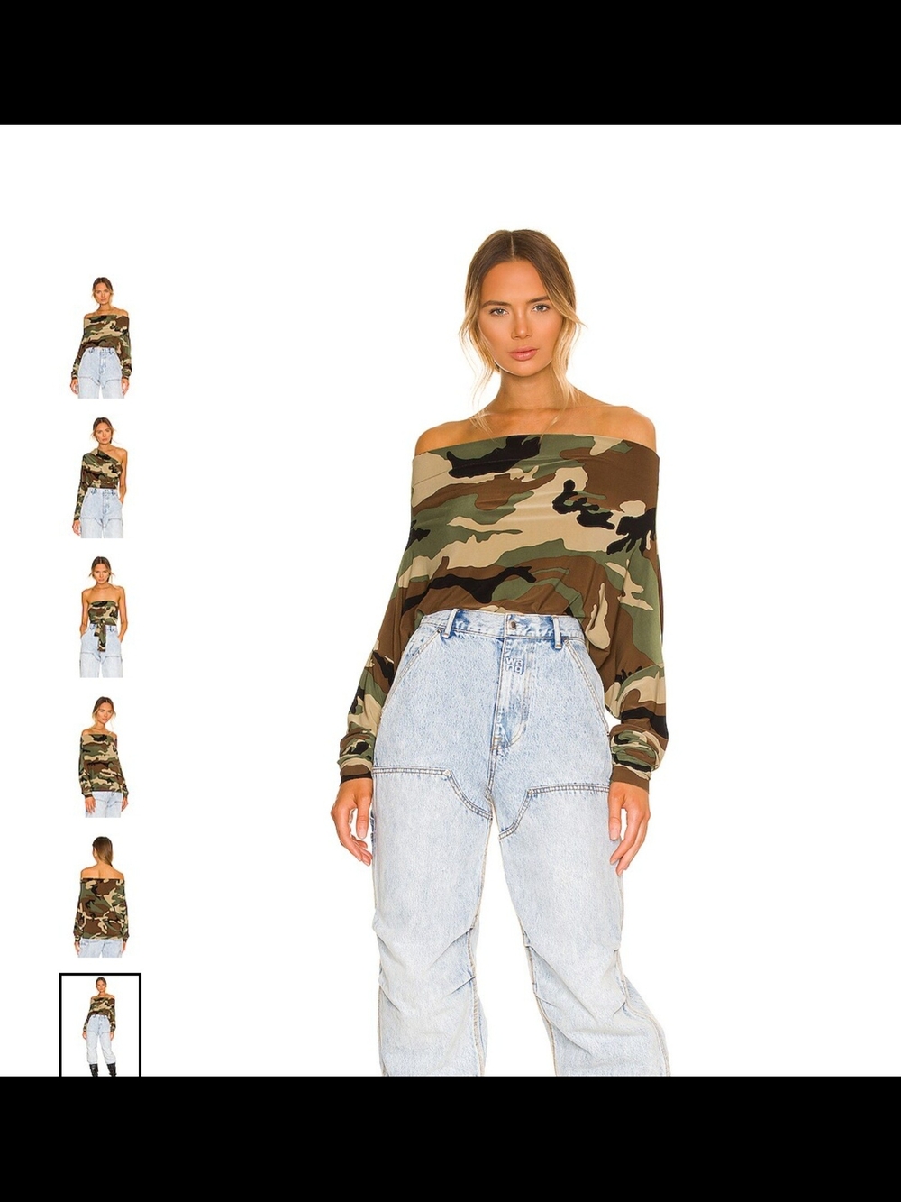 Norma Kamali Off-the-Shoulder Camouflage Sweater in Green and Brown